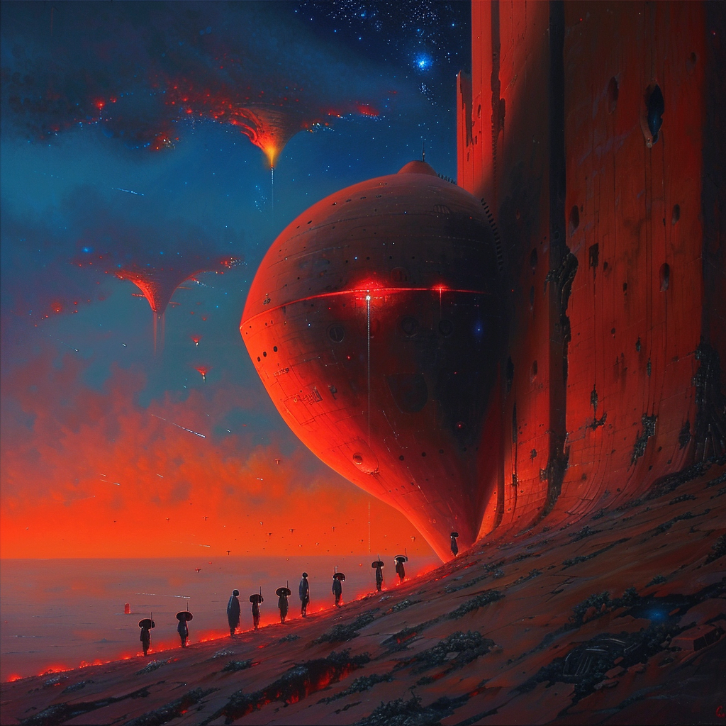 霓虹科幻暮色中的伞下行旅